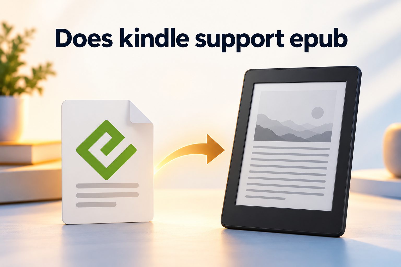 Kindle e-reader displaying an open eBook beside an EPUB file icon